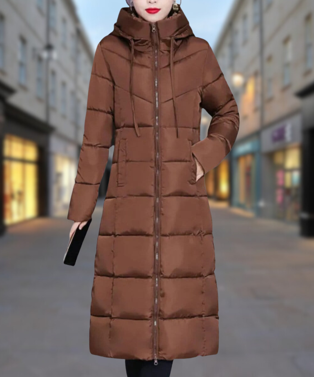 Women's Long Puffer Coat Quilted Insulated - UrbanShield Brown