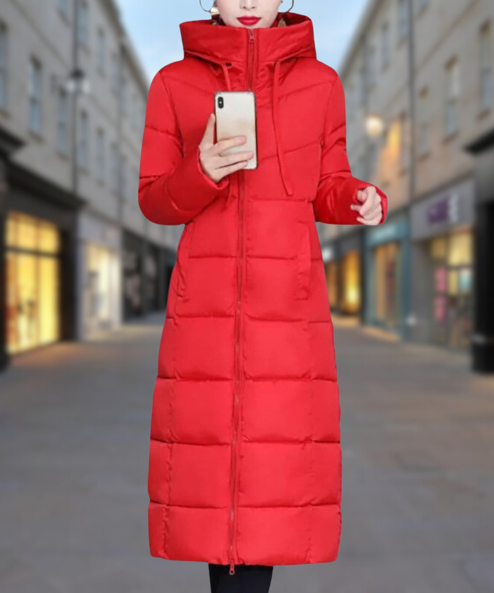 Women's Long Puffer Coat Quilted Insulated - UrbanShield Red