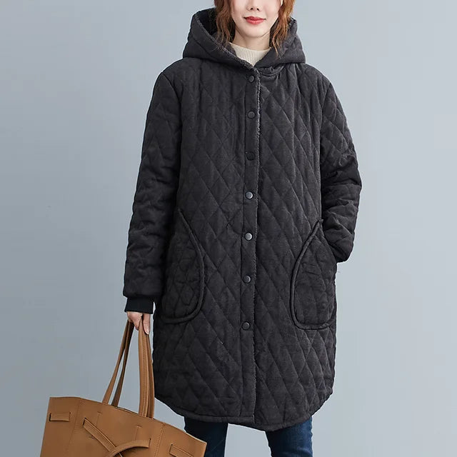 Women's Quilted Hooded Knee-Length Coat - Urban Warmth Black