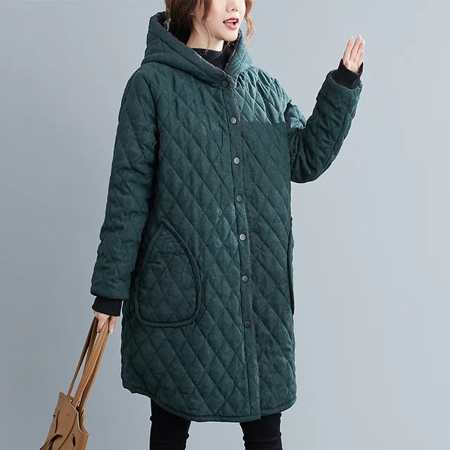 Women's Quilted Hooded Knee-Length Coat - Urban Warmth Green