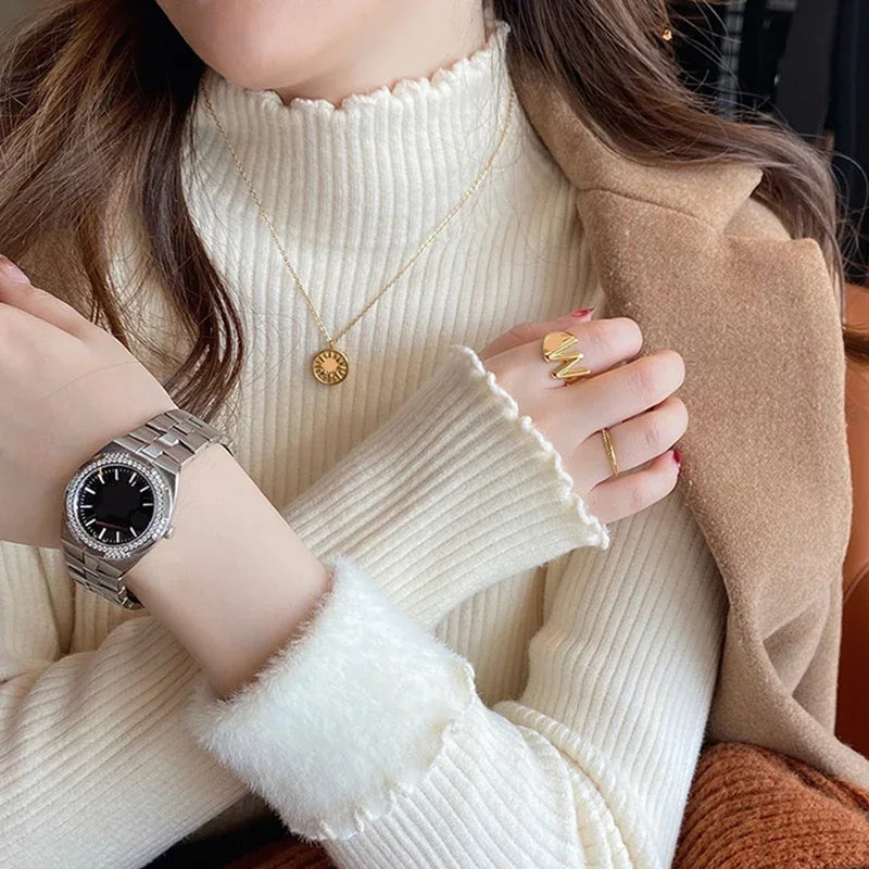 Women's Mock Neck Sweater Ruffled Hemline - Tarra Sweater Apricot One size