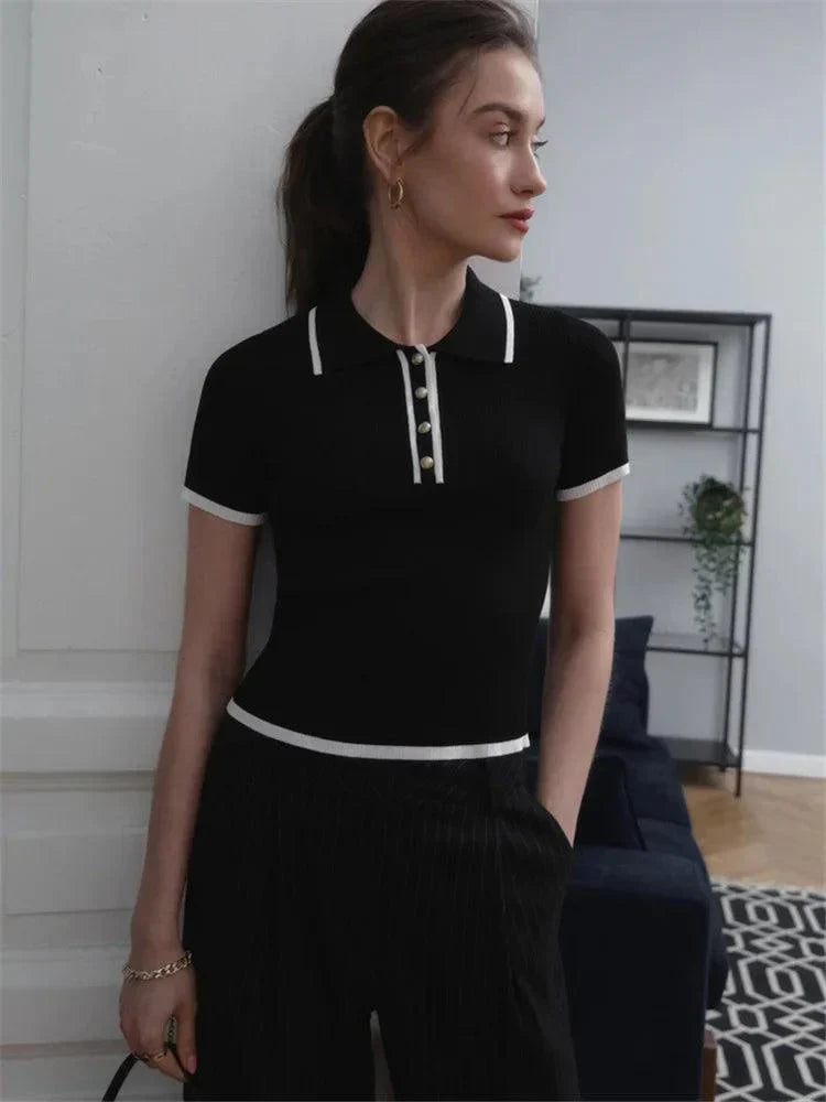 Women's Ribbed Knit Polo Shirt - Stretch Fit, Chic Trim - PoloBella