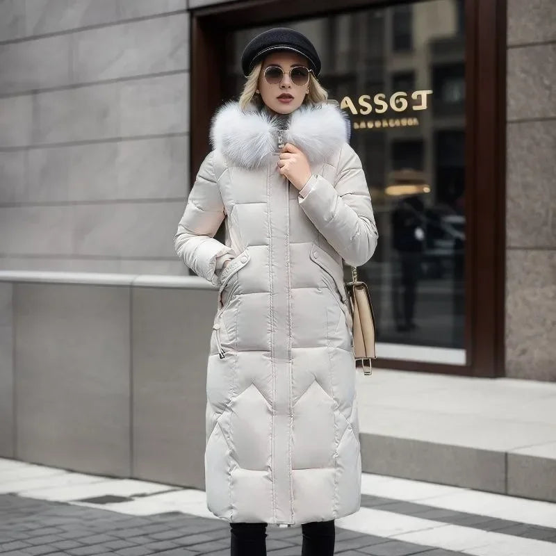 Women's Quilted Winter Jacket Faux Fur Hooded - WinterGlam White