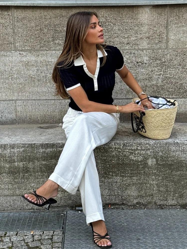 Women's Ribbed Knit Polo Shirt - Fitted Short Sleeve - SmartKnit