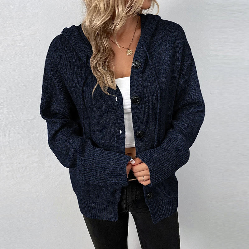 Women's Cozy Hooded Knit Cardigan - SnuggleWrap Navy Blue