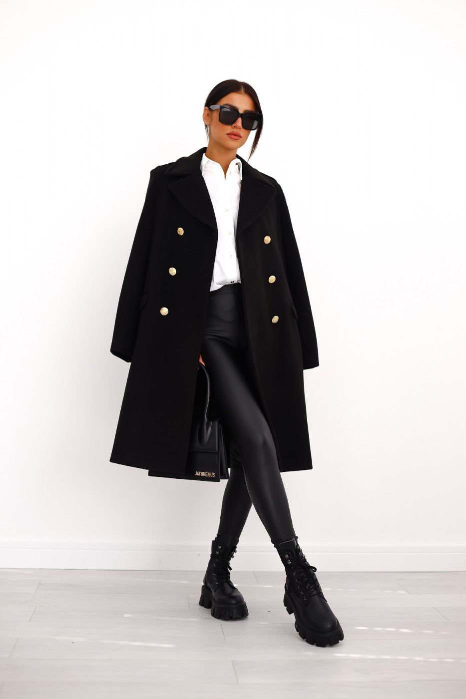 Women's Wool Blend Trench Coat - Double-Breasted City Chic - Urbanity Black