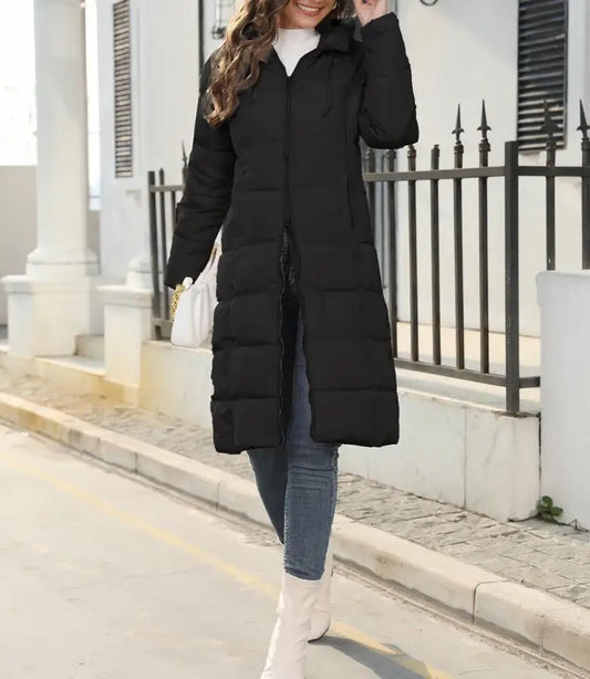 Women's Knee-Length Hooded Puffer Jacket - Winter Bliss Black