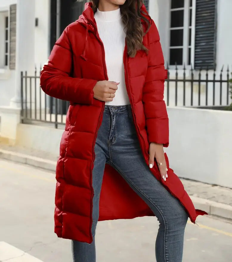 Women's Knee-Length Hooded Puffer Jacket - Winter Bliss