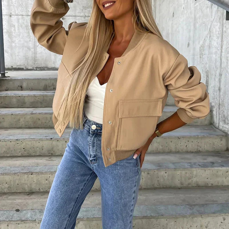 Women's Cropped Bomber Jacket Relaxed Fit - UrbanEdge Beige
