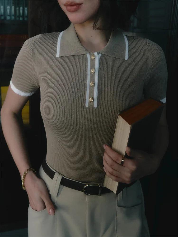 Women's Ribbed Knit Polo Shirt - Stretch Fit, Chic Trim - PoloBella Khaki