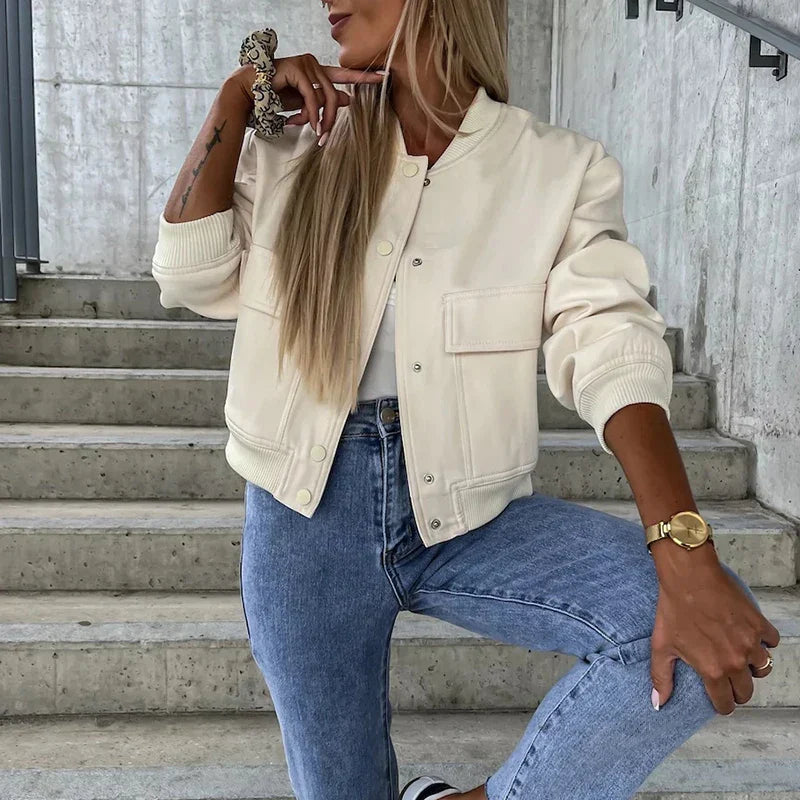 Women's Cropped Bomber Jacket Relaxed Fit - UrbanEdge Ivory