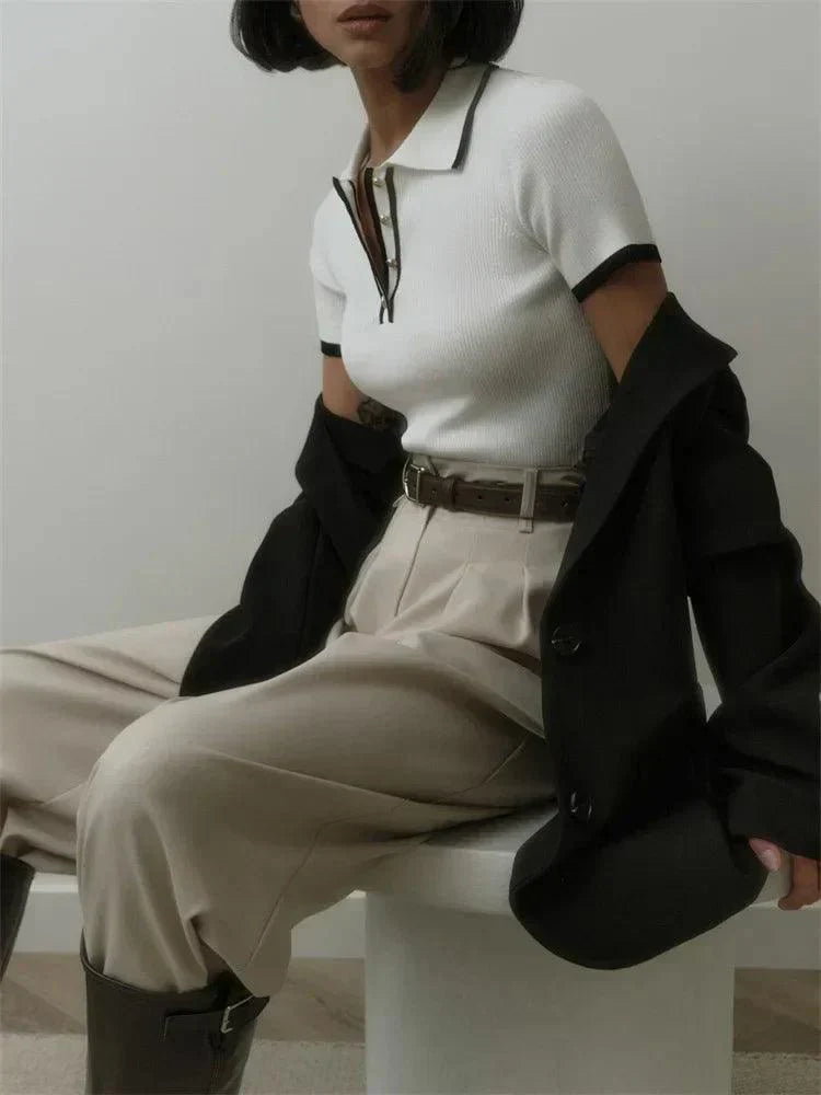 Women's Ribbed Knit Polo Shirt - Stretch Fit, Chic Trim - PoloBella