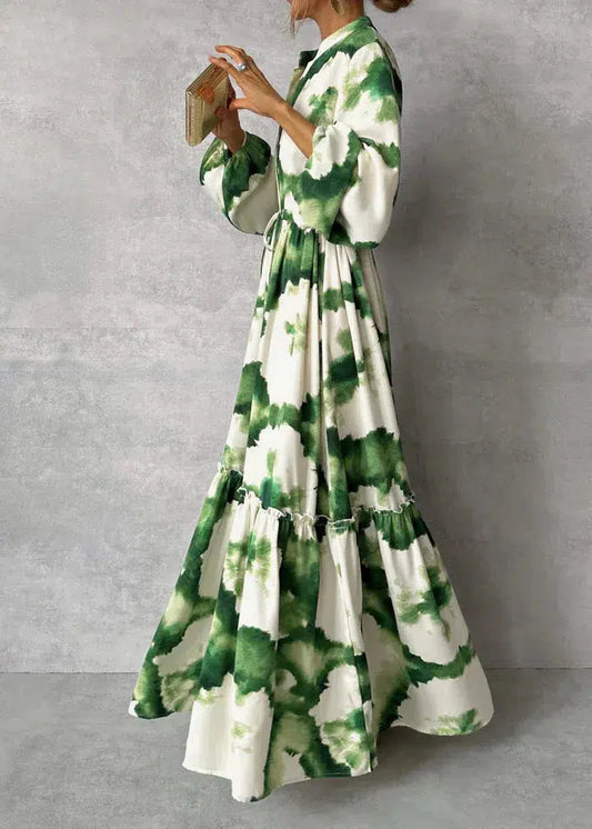 Women's Flowy Maxi Dress Long Sleeve V-Neck - Everly Gown Green
