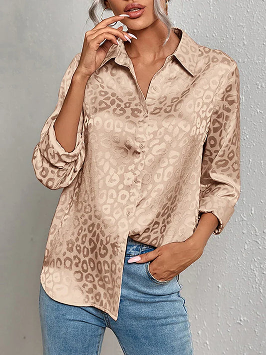 Women's Leopard Jacquard Shirt - Confident Style, EllaBlouse Khaki