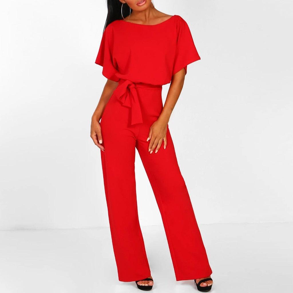 Elegant Women's Belted Jumpsuit - Figure Flattering, Chic Style - Beltify Red