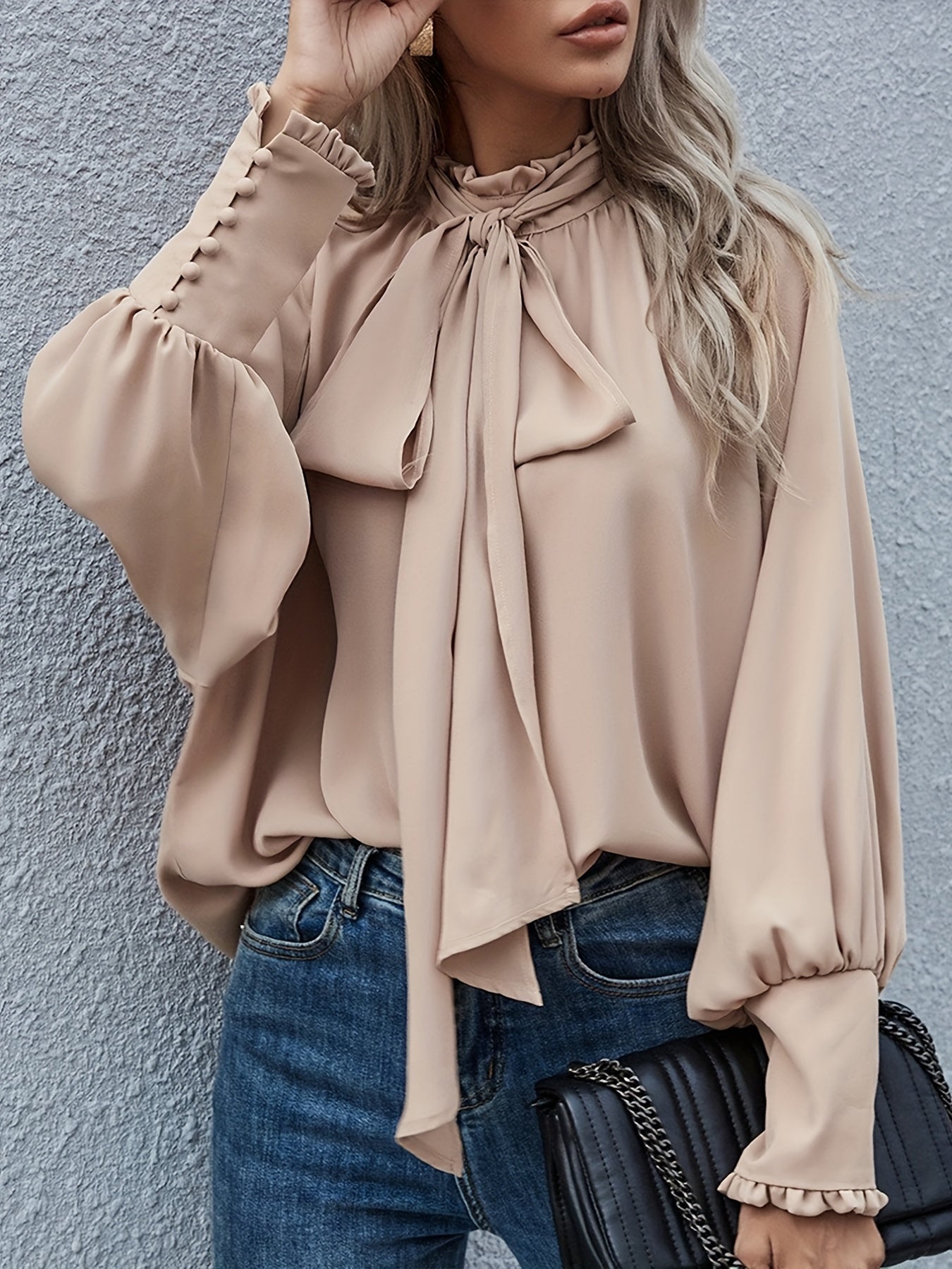 Elegant Tie-Neck Blouse with Puff Sleeves - RuffleChic Apricot