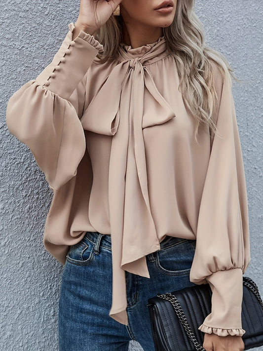 Elegant Tie-Neck Blouse with Puff Sleeves - RuffleChic Apricot