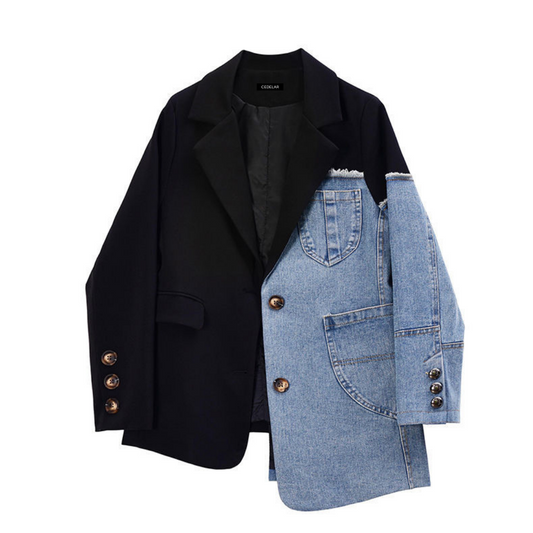 Women's Patchwork Denim Jacket - Smart Casual Hybrid, Structured Fit - DenimEdge L