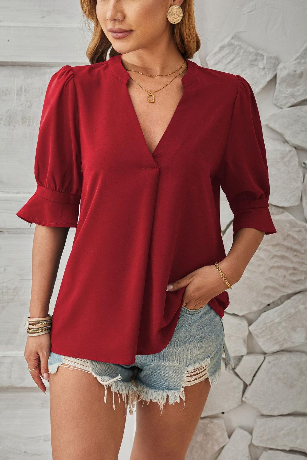 Women's Lightweight Notched Blouse - Effortless Chic Top - NotchStyle Red