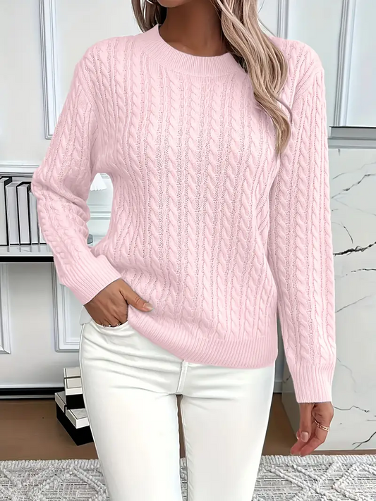 Women’s Sweatshirt – Classic Fit – Cable Knit Look – Long Sleeve – Wool Touch Pink