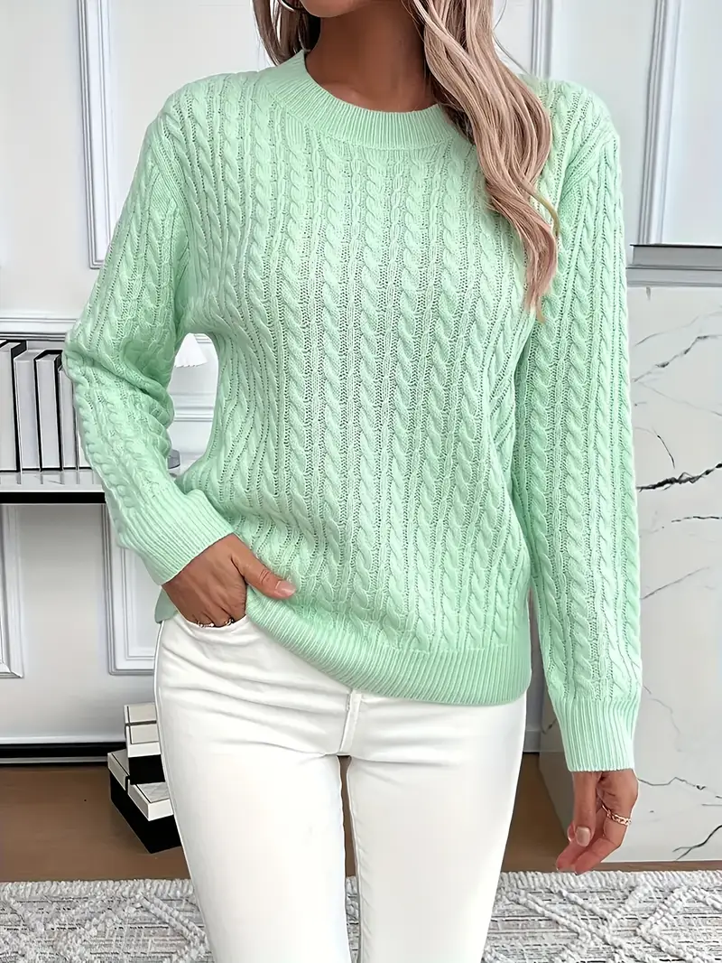 Women’s Sweatshirt – Classic Fit – Cable Knit Look – Long Sleeve – Wool Touch Green