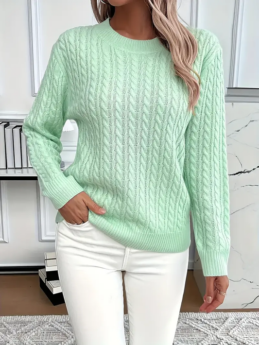 Women’s Sweatshirt – Classic Fit – Cable Knit Look – Long Sleeve – Wool Touch Green