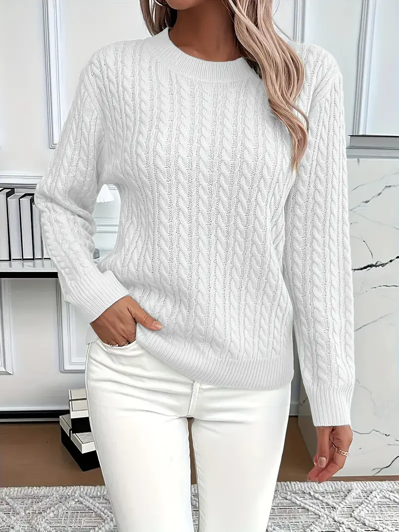 Women’s Sweatshirt – Classic Fit – Cable Knit Look – Long Sleeve – Wool Touch White