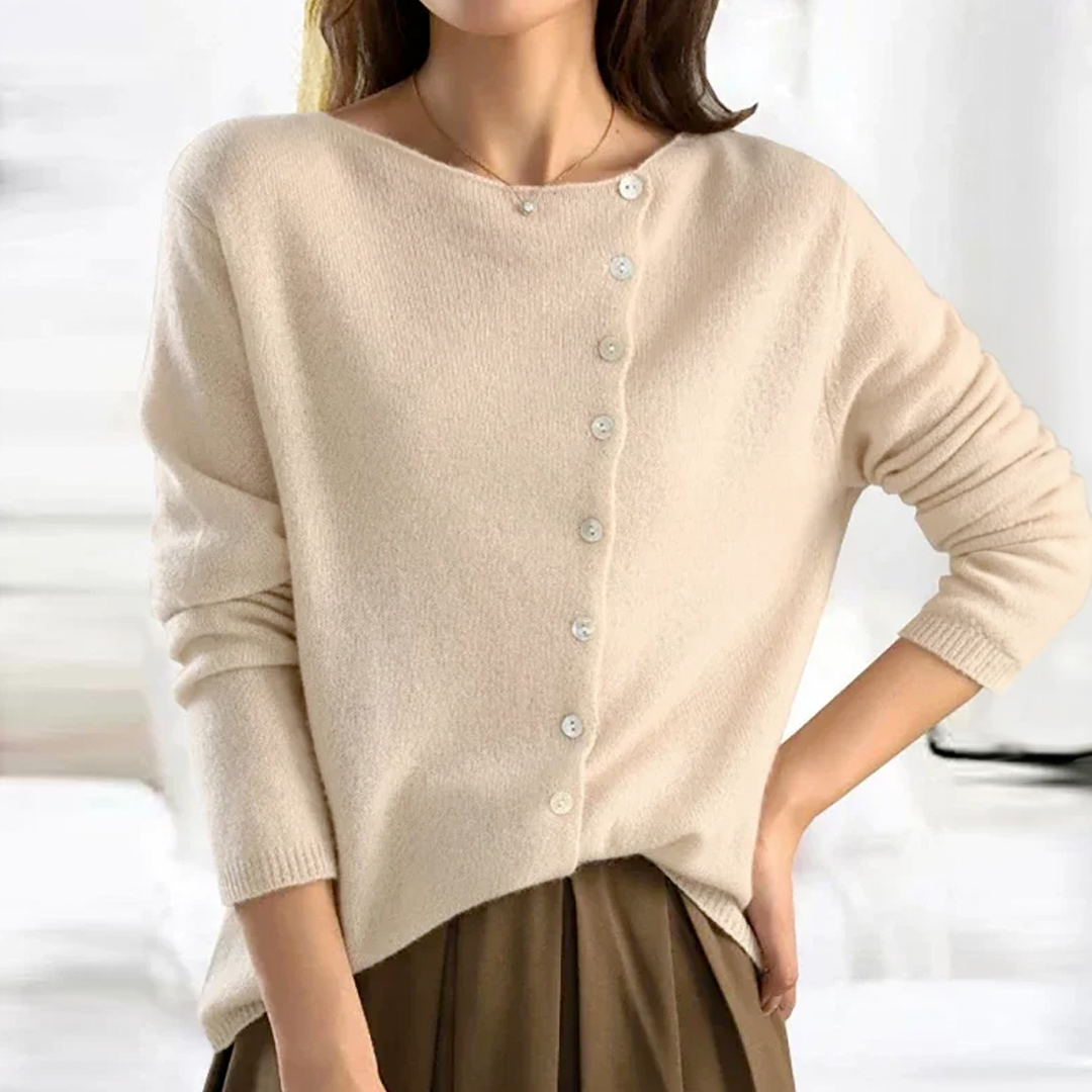 Women's Button Sweater, Cozy Knit Top - ButtonEase Beige