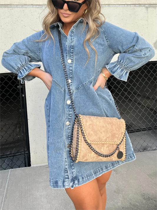 Women's Denim Mini Dress - Puff Sleeve Button-Down - DenimDaze Blue