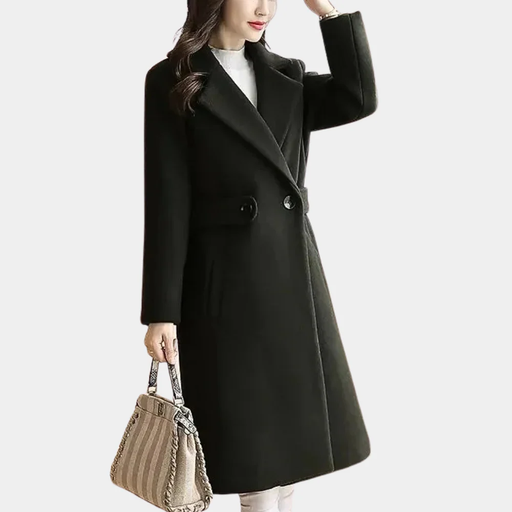 Women's Tailored Wool Trench Coat - Elegant Knee-Length Sara Coat Black