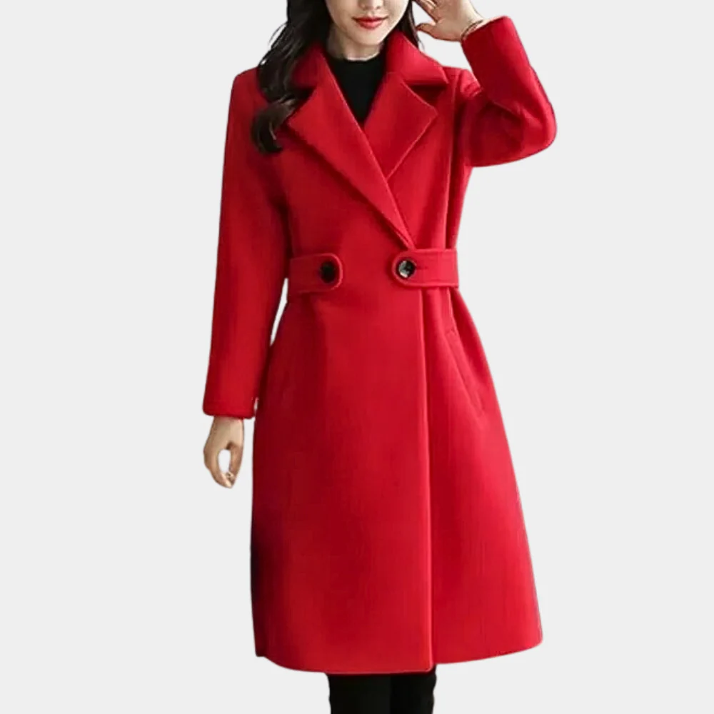 Women's Tailored Wool Trench Coat - Elegant Knee-Length Sara Coat Red