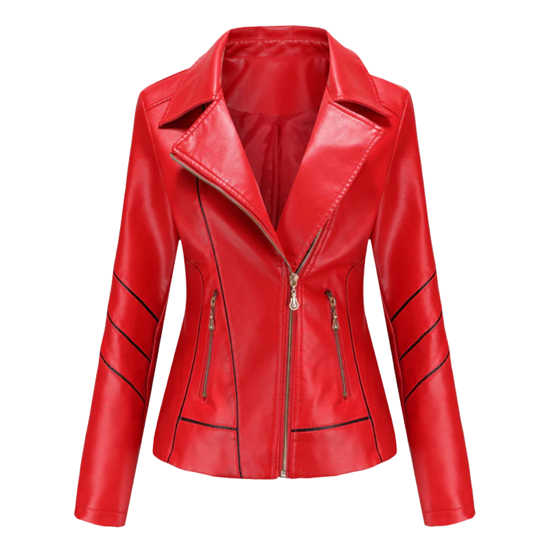Women's Slim Fit PU Leather Biker Jacket - MotoEdge Red
