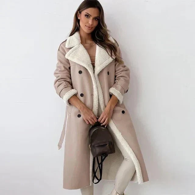 Women's Shearling Leather Long Coat - Double-Breasted Elegance - Winterfell Beige