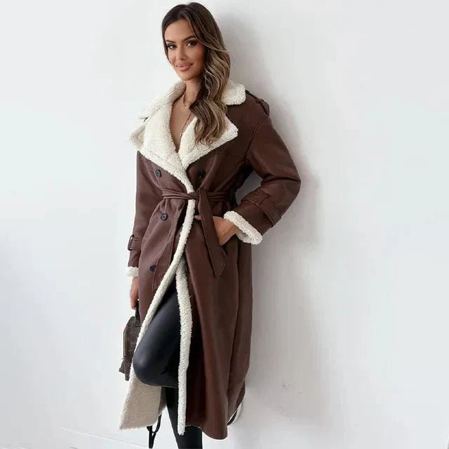 Women's Shearling Leather Long Coat - Double-Breasted Elegance - Winterfell Brown