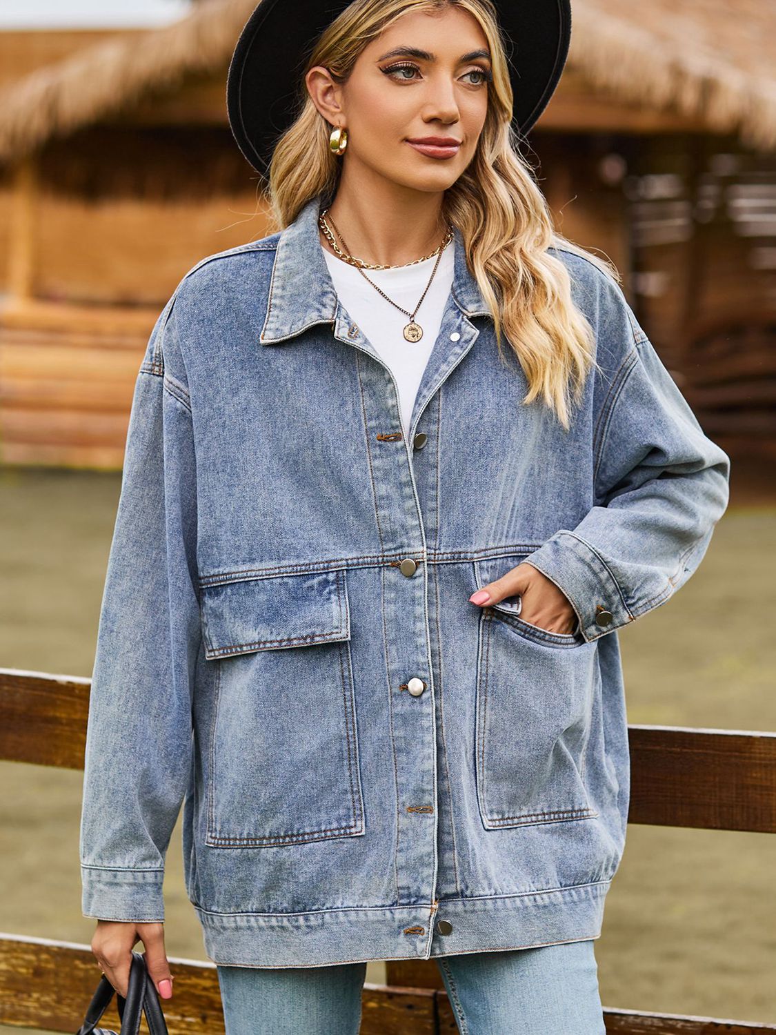 Women's Oversized Denim Jacket with Pockets - UrbanEdge Blue