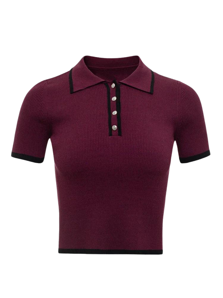 Women's Ribbed Knit Polo Shirt - Stretch Fit, Chic Trim - PoloBella Red